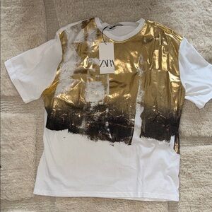 Zara White Tee with Metallic Gold and Black Brush Detail